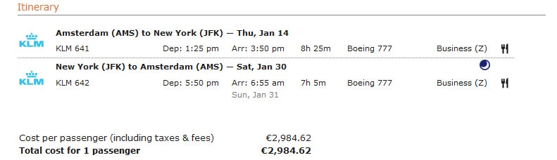 Cheap Business Class Flights - Example Itinerary