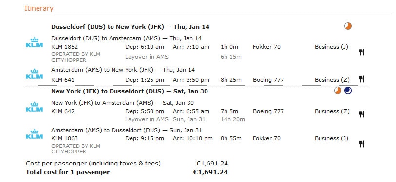 Cheap Business Class Flights - Example Itinerary