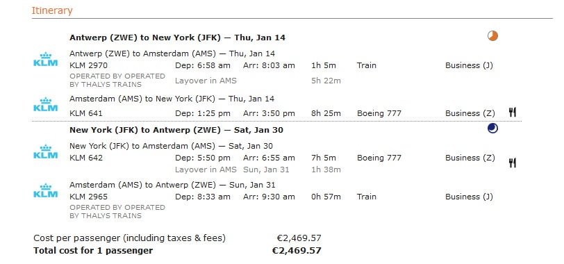 Cheap Business Class Flights - Example Itinerary