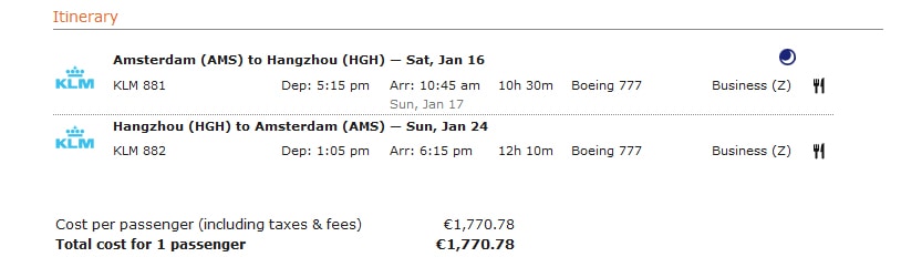 Cheap Business Class Flights - Example Itinerary