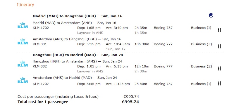 Cheap Business Class Flights - Example Itinerary