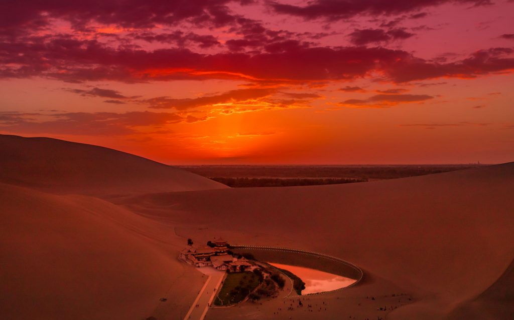 Beautiful sunset orange purple - CHINA - Dunhuang Mogao Caves (Grottoes) tour & sunset at Crescent Lake oasis